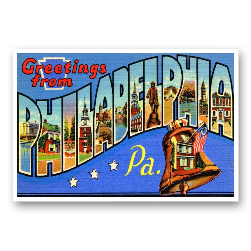 Postcard Fair GREETINGS FROM PHILADELPHIA, PA vintage reprint postcard set of 20 identical postcards. Large letter Phila, Pennsylvania city name post card pack (ca. 1930's-1940's). Made in USA. - Image 1